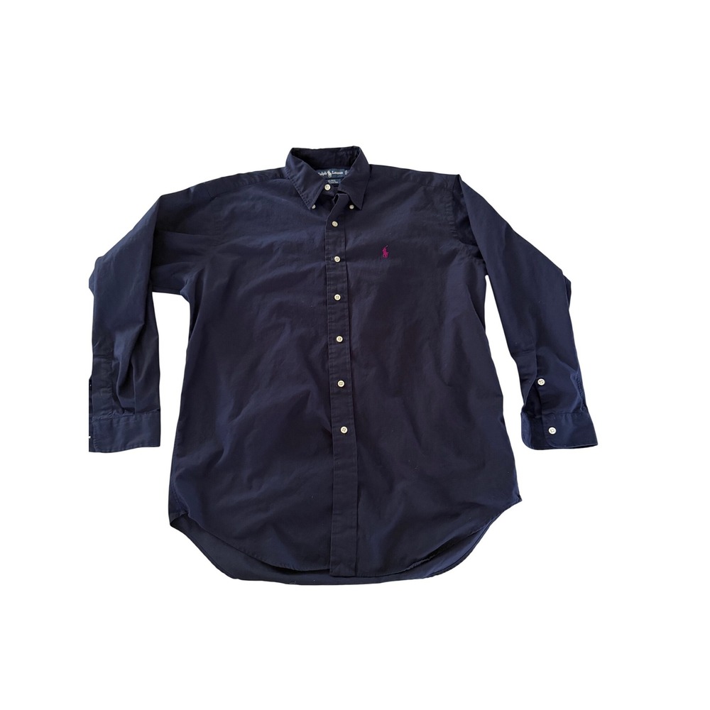 Polo Ralph Lauren Blake Mens Navy Blue Cotton Button Down Shirt Pink Pony Size M
